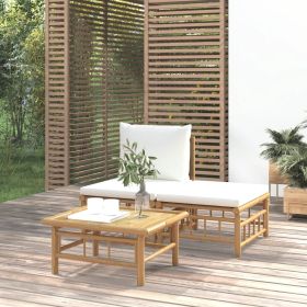3 Piece Patio Lounge Set with Cream White Cushions Bamboo (Color: White)