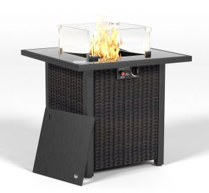 28 Inch Propane Fire Pit Table, Rattan & Wicker-Look, 50000 BTU Gas Firepits Tempered Glass Tabletop with Glass Windscreen Protector for Outside Patio (Color: As pic)