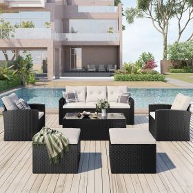 6-piece All-Weather Wicker PE rattan Patio Outdoor Dining Conversation Sectional Set with coffee table, wicker sofas, ottomans, removable cushions (Bl (Color: Beige)