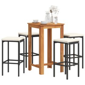 5 Piece Patio Bar Set Black Solid Wood Acacia and Poly Rattan (Color: Black)