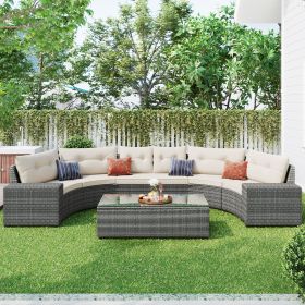 GO 8-pieces Outdoor Wicker Round Sofa Set, Half-Moon Sectional Sets All Weather, Curved Sofa Set With Rectangular Coffee Table, PE Rattan Water-resist (Color: As pic)