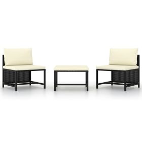 3 Piece Patio Sofa Set with Cushions Black Poly Rattan (Color: Black)
