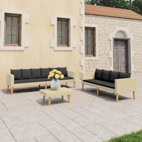 3 Piece Patio Lounge Set with Cushions Poly Rattan Beige (Color: Beige)