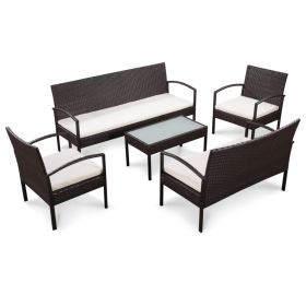 5 Piece Patio Lounge Set with Cushions Poly Rattan Brown (Color: Brown)