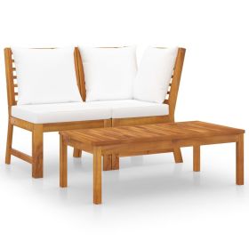 3 Piece Patio Lounge Set with Cream Cushion Solid Acacia Wood (Color: Brown)