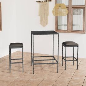 3 Piece Patio Bar Set with Cushions Poly Rattan Gray (Color: Grey)