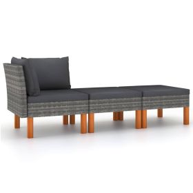3 Piece Patio Lounge Set Poly Rattan and Solid Eucalyptus Wood (Color: Grey)