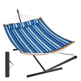 VEVOR Two Person Hammock with Stand Included, Double Hammock with Curved Spreader Bar and Detachable Pillow and Portable Carrying Bag, Perfect for Out (Type of Support: T Type, Color: Blue & White)