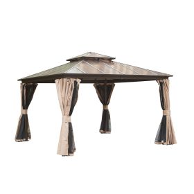 12'x12' Hardtop Gazebo, Permanent Outdoor Gazebo with Polycarbonate Double Roof, Aluminum Gazebo Pavilion with Curtain and Net for Garden, Patio, Lawn (Color: As pic)
