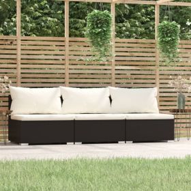 3 Seat Patio Sofa with Cushions Black Poly Rattan (Color: Black)