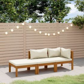 3 Piece Patio Lounge Set with Cream Cushion Solid Acacia Wood (Color: Cream)