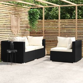 3 Piece Patio Lounge Set with Cushions Black Poly Rattan (Color: Black)
