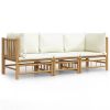 3 Piece Patio Lounge Set with Cream White Cushions Bamboo